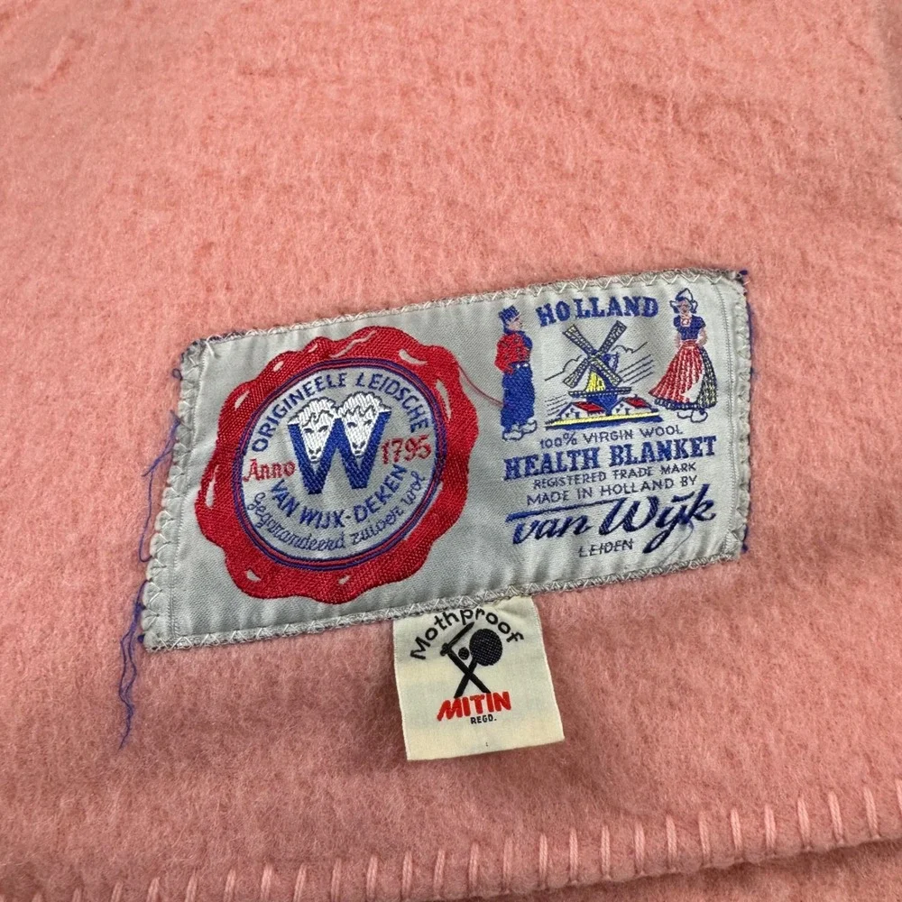 Vtg Van Wijk Deken 100% Virgin Wool Health Blanket Peach Pink Made in Holland